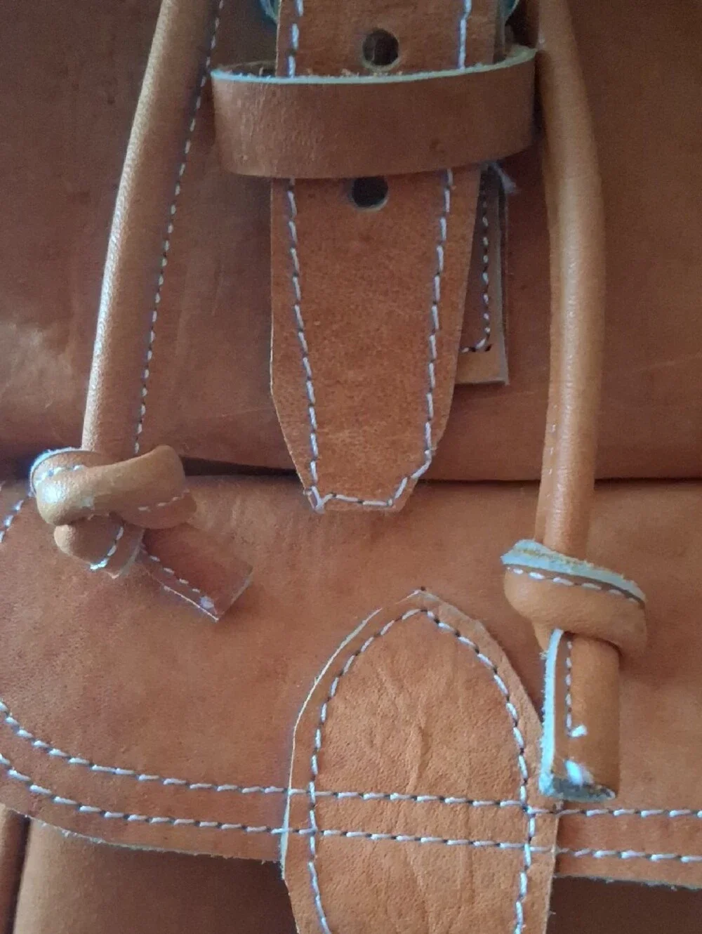 Vintage Tan Leather Backpack with Front and Side Buckle Pocket Purse Bag